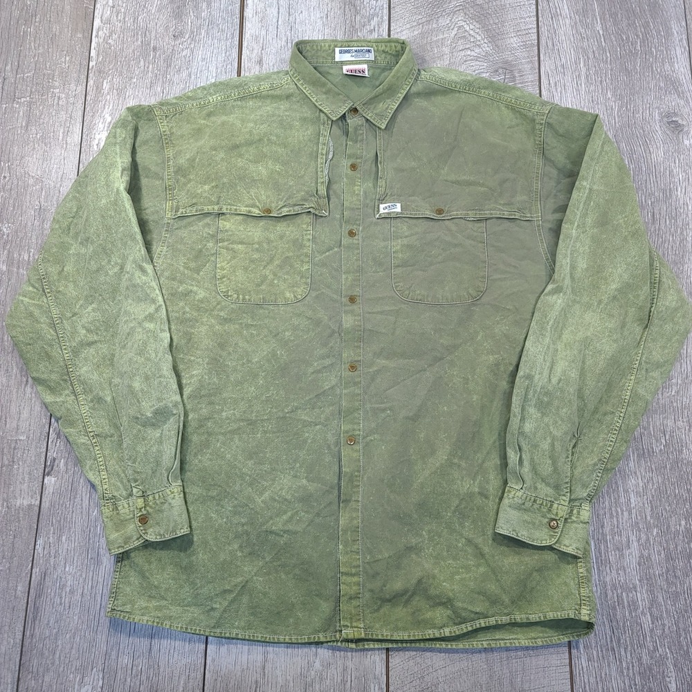 Guess Button Up Shirt Mens Large Green Georges Marciano Acid Wash Vintage